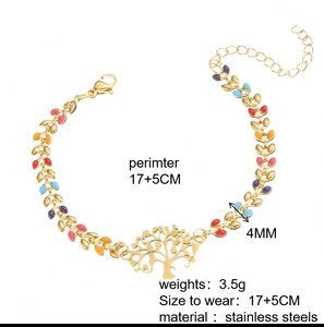Detailed specs of stainless steel tree of life bracelet with colorful enamel leaves