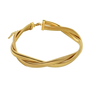 Detail of gold braided titanium steel necklace featuring a double-layer crossover design