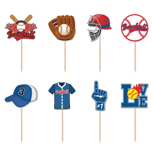 Detailed set of 8 baseball-themed cake toppers with vibrant colors on white background