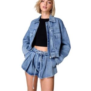Women cargo denim jacket and high-waist pleated shorts set with washed texture
