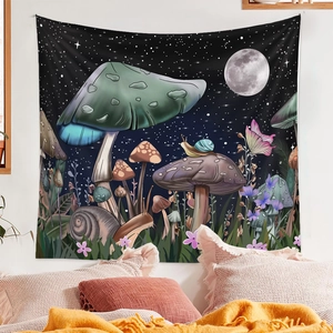 Détail d'une tapisserie de forêt psychédélique avec champignons luisants et escargots colorés