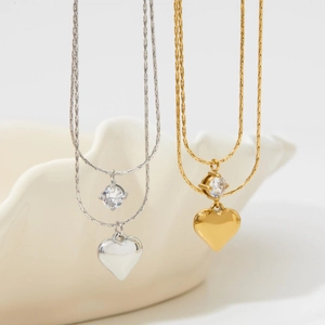 Double layer stainless steel necklace with heart pendant and round zircon charm