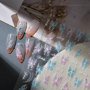 5D embossed butterfly nail art stickers with 3D texture in soft pink and blue tones