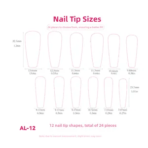 Detailed size chart for glitter heart press-on nails featuring 24 pieces in 12 sizes
