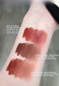 Arm swatches of velvet lip glaze in shades 827 Dark Moss, 826 Light Moss, and 824 Light Clay