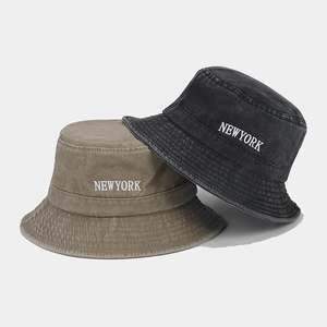 Vintage washed cotton bucket hats with New York embroidery in brown green and charcoal