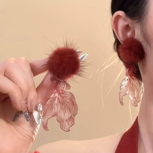 Elegant Chinese style goldfish earrings with red pompon and translucent koi fish design