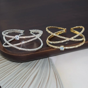 Luxury Rhinestone Zircon Cross Open Bangle Bracelet For Women Wedding Party Elegant Iron Alloy Jewelry