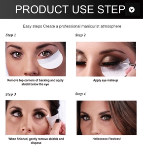 Macro view of 4-step application guide for white non-woven disposable eyeshadow shield stickers