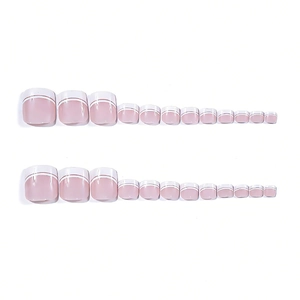 Short square press-on toenails with classic nude pink base and white French gold line tip