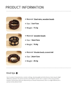 Detailed size and material specification chart for layered coconut shell beaded bracelets