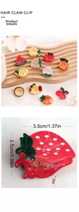 Macro detail of strawberry fruit PVC hair claw clip with specific size measurements