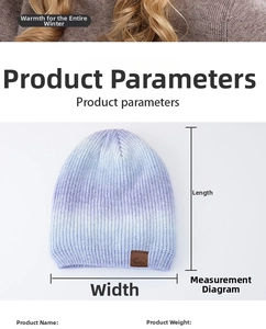 Mesures détaillées d'un bonnet en tricot dégradé arc-en-ciel avec écusson sport