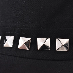Flat top military cap in black fabric featuring punk style silver square metal rivets