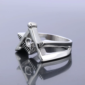 Classic silver stainless steel Masonic ring with polished finish and G logo on reflection