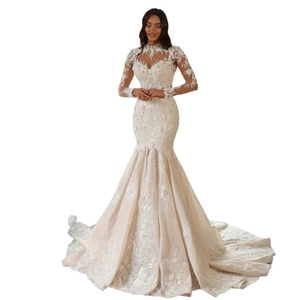 Elegant white lace mermaid bridal gown with long sleeves and cathedral train