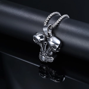 Punk style silver V-engine and double skull pendant necklace with Legend engraving