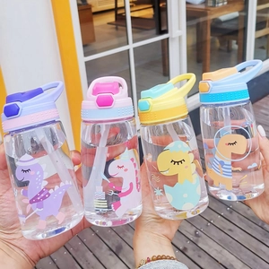 Four BPA-free plastic kids water bottles with colorful dinosaur prints and straw lids