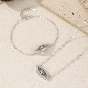 S925 sterling silver evil eye necklace and bracelet set with blue crystals