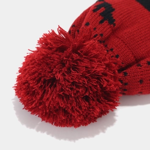 Detailed close-up of a red knitted beanie featuring a large pom-pom and black jacquard pattern