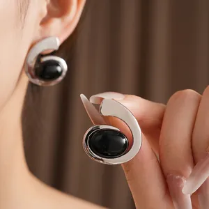 Modern silver geometric earrings with oval black stone inlay for women style