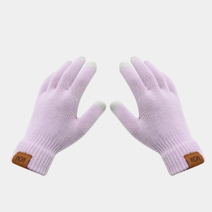 Detail of lavender knit touchscreen gloves with MOM leather patch and conductive fingertips