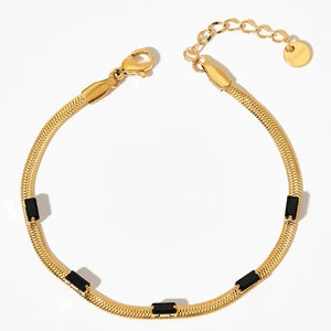 Gold stainless steel snake chain bracelet featuring five rectangular black zircon stones