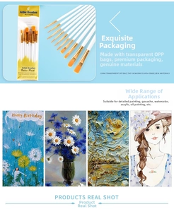 Detail view of 10-piece blue art brush set with white handles and golden metal ferrules