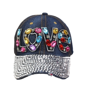 Deep blue denim baseball cap with LOVE rhinestone lettering and crystal brim