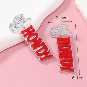 Macro view of acrylic cowboy hat earrings with Howdy letters and dimensions