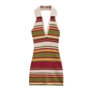 Mini Abito In Maglia Crochet Righe Halter Scollo A V Boho Sexy Bodycon Schiena Scoperta Estate Stile Retrò Donna