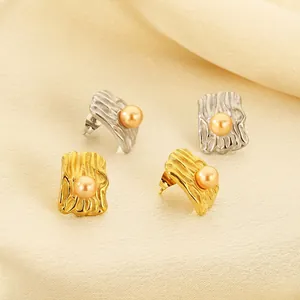 Irregular Wrinkled Square Stud Earrings Stainless Steel With Shell Artificial Pearl French Retro Elegant Jewelry For Women