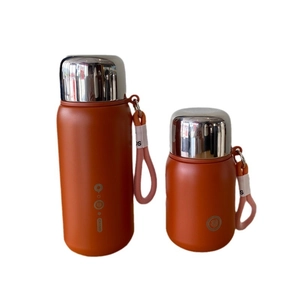 Orange matte stainless steel vacuum flasks set with polished silver lids and carry loops