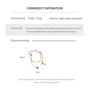 Size chart showing multi-color agate bead long necklace weight 32.3g and 128cm length