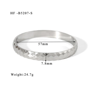 Detailed specs of the 8mm silver steel bangle with geometric textured pattern
