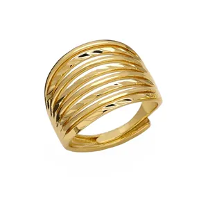 Layered gold ring with textured engraving and adjustable open band for women