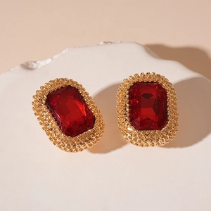 Vintage rectangle deep red crystal stud earrings with gold beaded edges on stone base