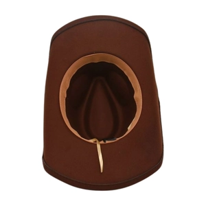 Detail of dark brown wool cowboy hat interior with sweatband and adjustable drawstring