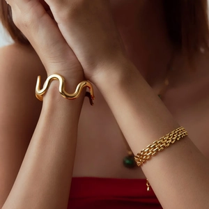 Wavy Open Cuff Bracelet Bangle And Ring 18K Gold Plated Stainless Steel Irregular Curved Minimalist Unique Design For Women