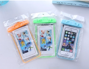 Three waterproof phone pouches in orange green and blue colors with secure locking clips