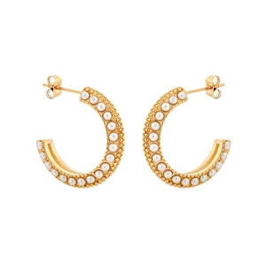 Elegant C-shaped gold-plated stainless steel earrings with inlaid white pearls for women