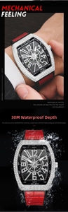 Waterproof tonneau men's watch featuring a full diamond bezel and red leather strap
