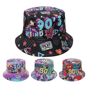 Chapeau Bob Rétro Années Quatre-Vingt-Dix Polyester Graffiti Pop Art Imprimé Réversible Protection Solaire Streetwear
