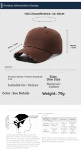 Detailed size chart for vintage washed cotton baseball cap with dimensions and guide