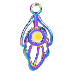 Macro shot of rainbow-plated stainless steel leaf pendant with a round yellow gemstone