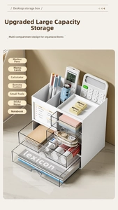 Close-up of desktop organizer with transparent drawer and divided storage compartments