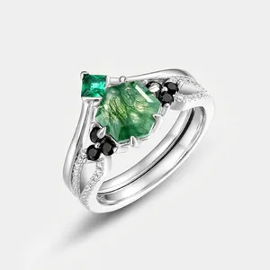 Geometric Moss Agate S925 Sterling Silver Rings For Women Green Stone Zirconia Dual Ring Fashion Commute Fine Jewelry Gift