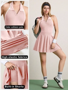 Détails de robe de tennis rose avec col polo, tissu extensible et short intégré