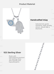 Detail of S925 sterling silver Hamsa Hand and Evil Eye pendant with 5A cubic zirconia