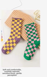 Detail of checkerboard knit crew socks in purple-yellow and green-pink contrast colors